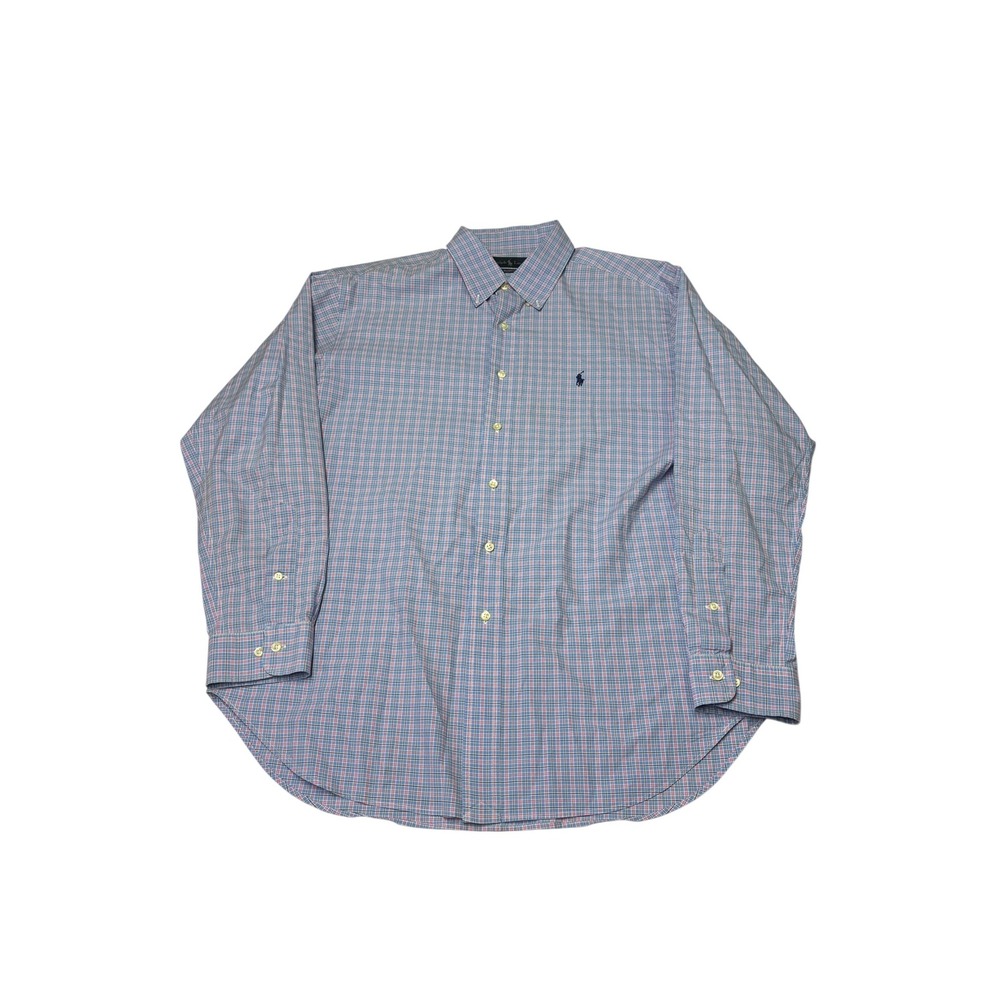 Ralph Lauren Classic Fit Blue Pink Plaid Button Down‎ Shirt Mens 17.5 34/35